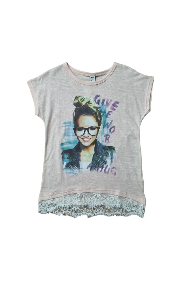 NJW Kız Çocuk Baskılı Yazlık T-shirt Bej - 11 Yaş