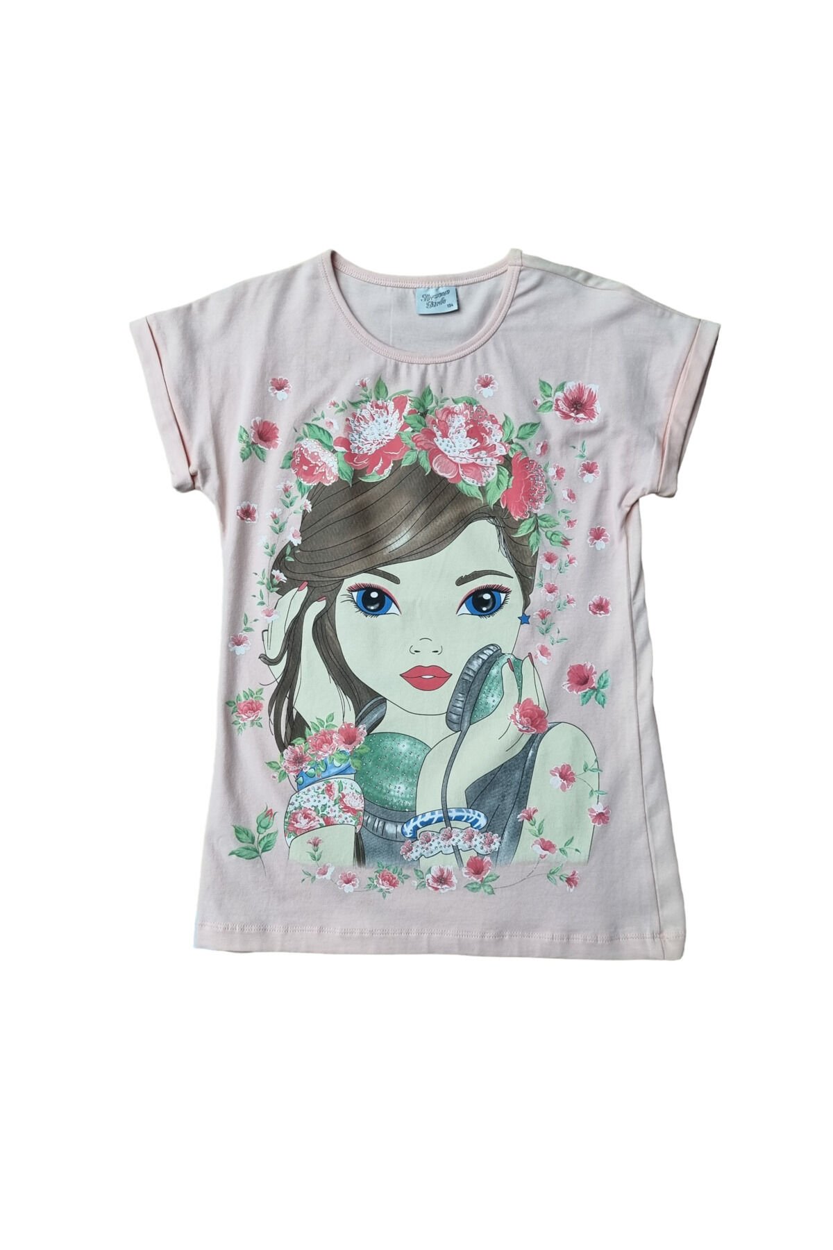 Breeze Çiçekli Kız Çocuk Baskılı Yazlık T-shirt Bej - 9 Yaş