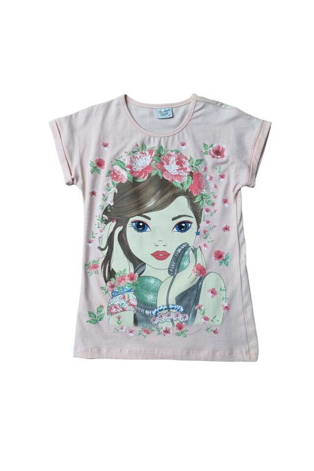 Breeze Çiçekli Kız Çocuk Baskılı Yazlık T-shirt Bej - 9 Yaş