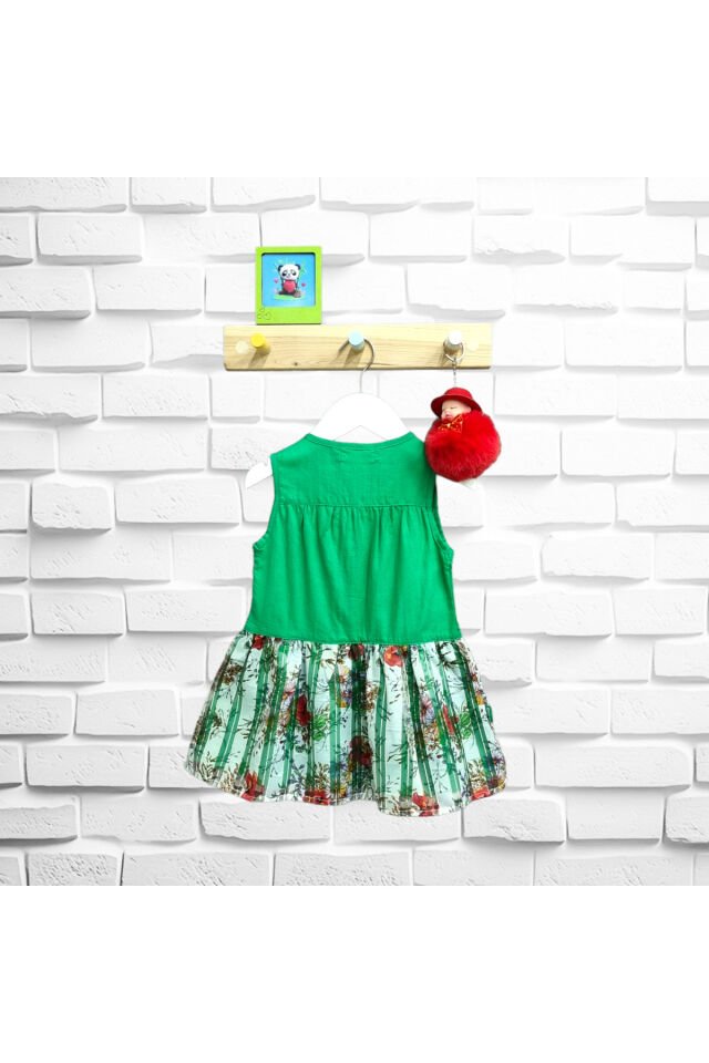 Maia Kız Bebek Çiçekli Keten Yazlık Elbise Yeşil - 3-6 Ay