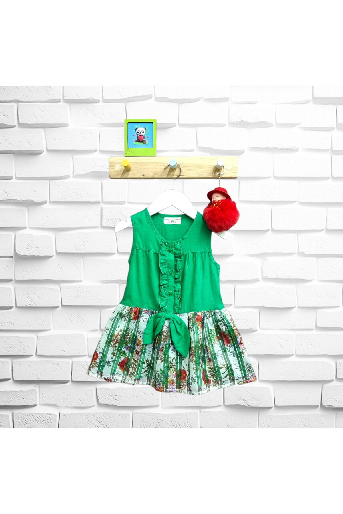 Maia Kız Bebek Çiçekli Keten Yazlık Elbise Yeşil - 3-6 Ay