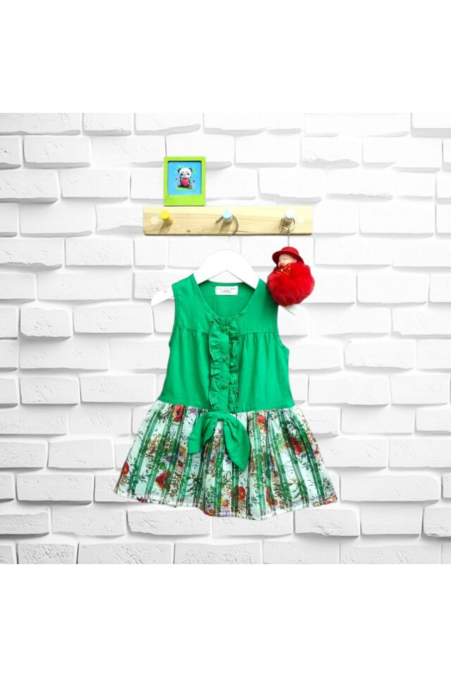 Maia Kız Bebek Çiçekli Keten Yazlık Elbise Yeşil - 6-9 Ay