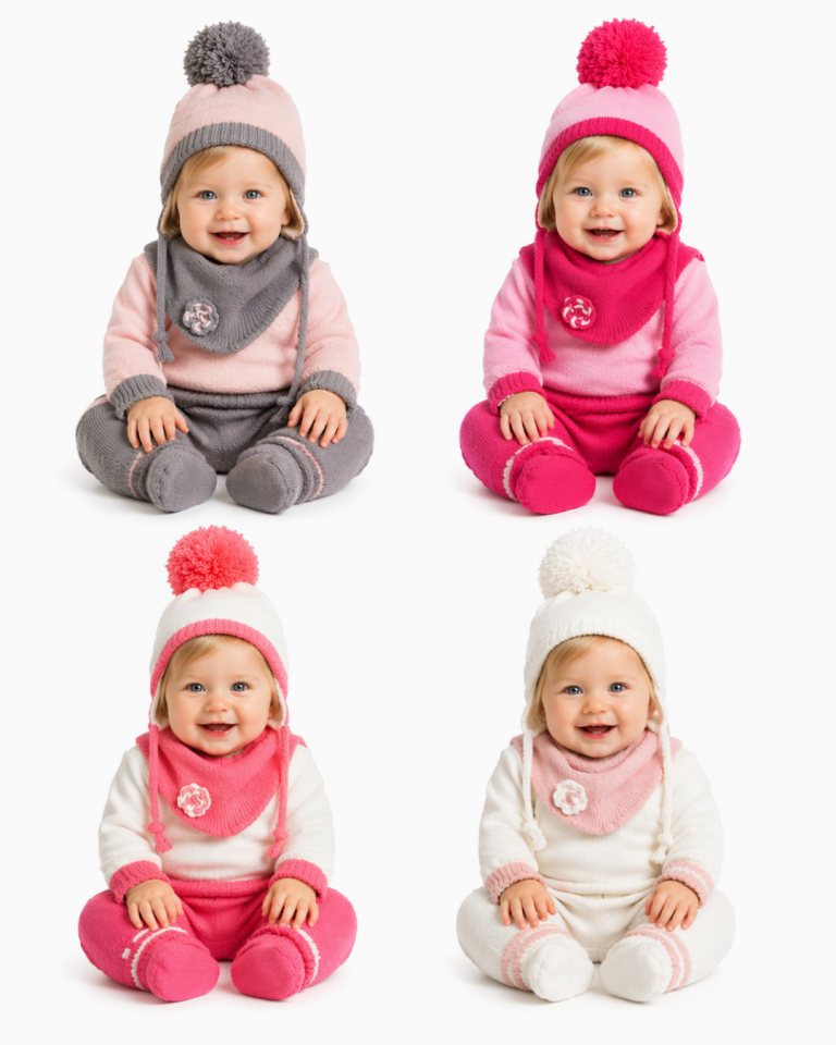 Kitti Kız Bebek Sarmal Çiçek Nakışlı Atkı Bere Eldiven Seti