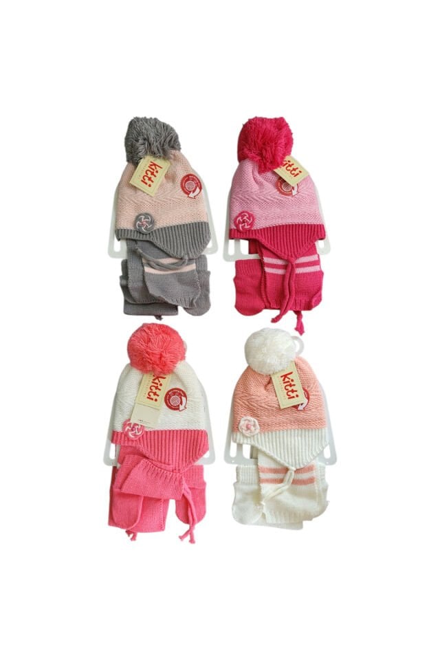 Kitti Sarmal Çiçek Nakışlı Atkı Bere Eldiven Seti