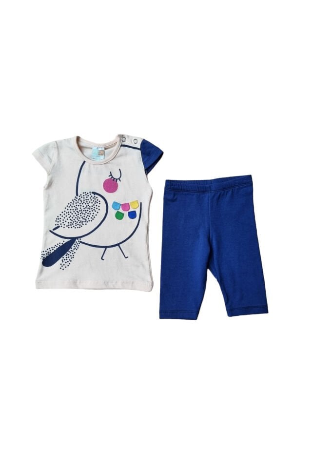 Popshops Kız Bebek Renkli Kuş Yazlık Takım Bej - 6-12 Ay