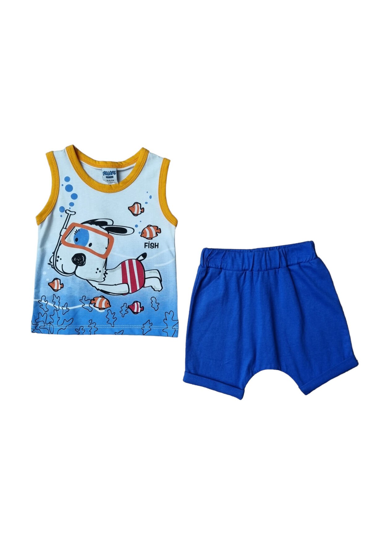Erkek Bebek Dalgıç Köpek Şortlu Yazlık Takım Mavi - 9 - 12 Ay