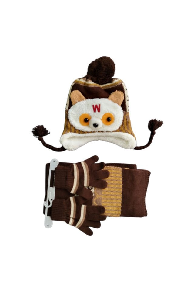 Tidi W Figürlü Sevimli Ayıcık Atkı Bere Eldiven Seti