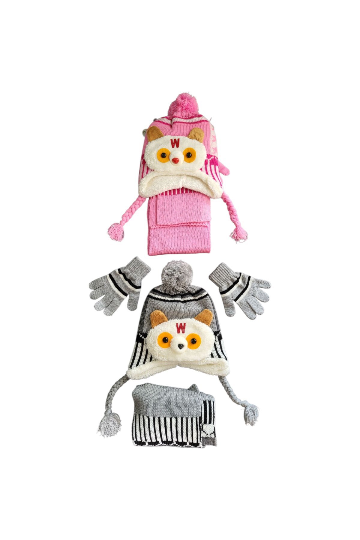 Tidi Kız Çocuk W Figürlü Sevimli Ayıcık Atkı Bere Eldiven Seti