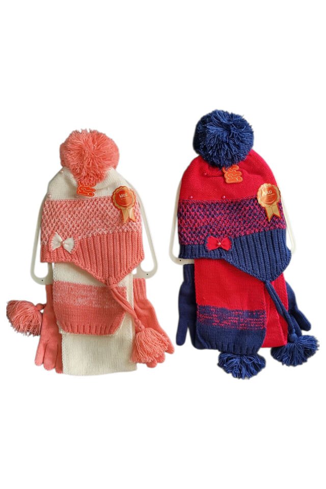 Kiti Kız Çocuk Kurdela Nakışlı Boncuk Süslemeli Atkı Bere Eldiven Seti