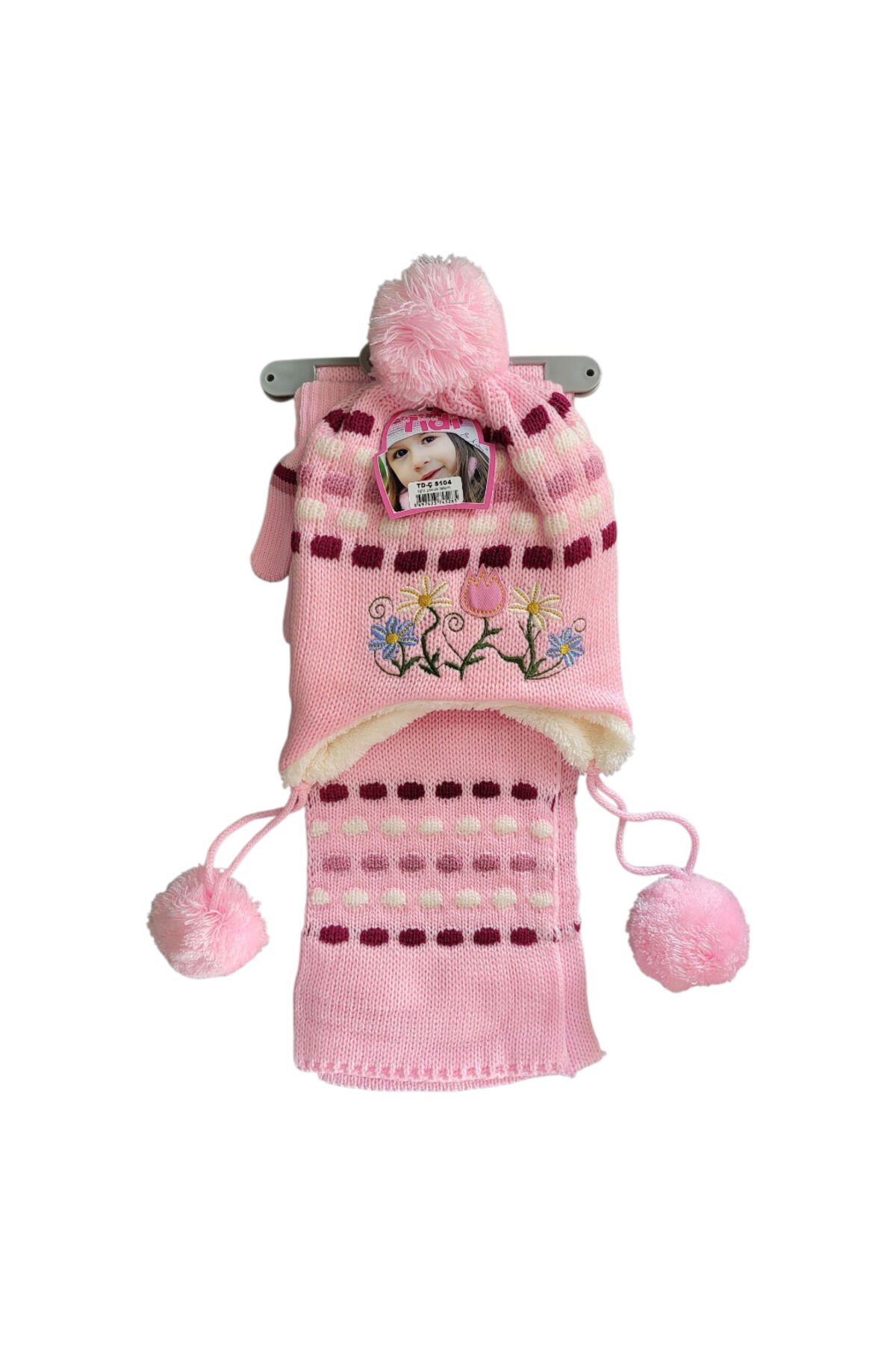 Tidi Kız Çocuk Çiçek Nakış Süslemeli Atkı Bere Eldiven Seti