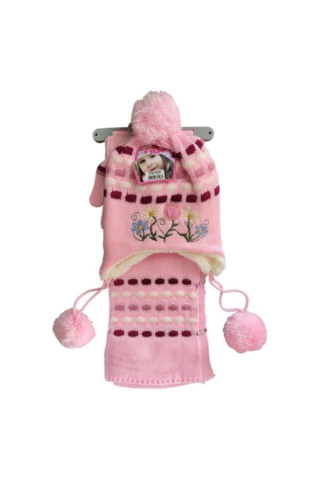 Tidi Çiçek Nakış Süslemeli Atkı Bere Eldiven Seti