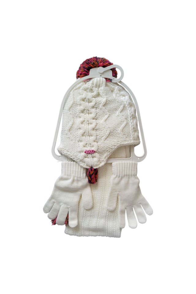 Örgü Nakışlı Atkı Bere Eldiven Seti