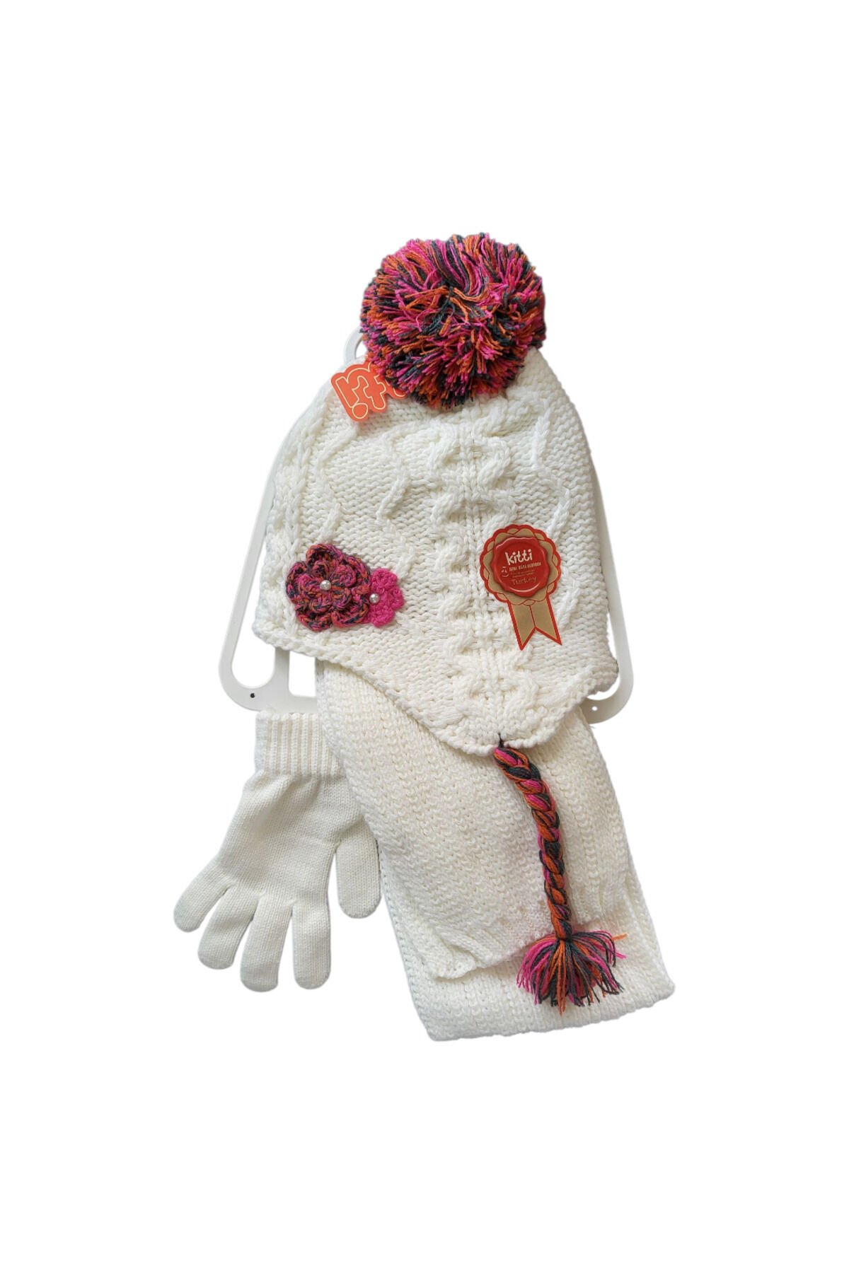 Örgü Nakışlı Atkı Bere Eldiven Seti