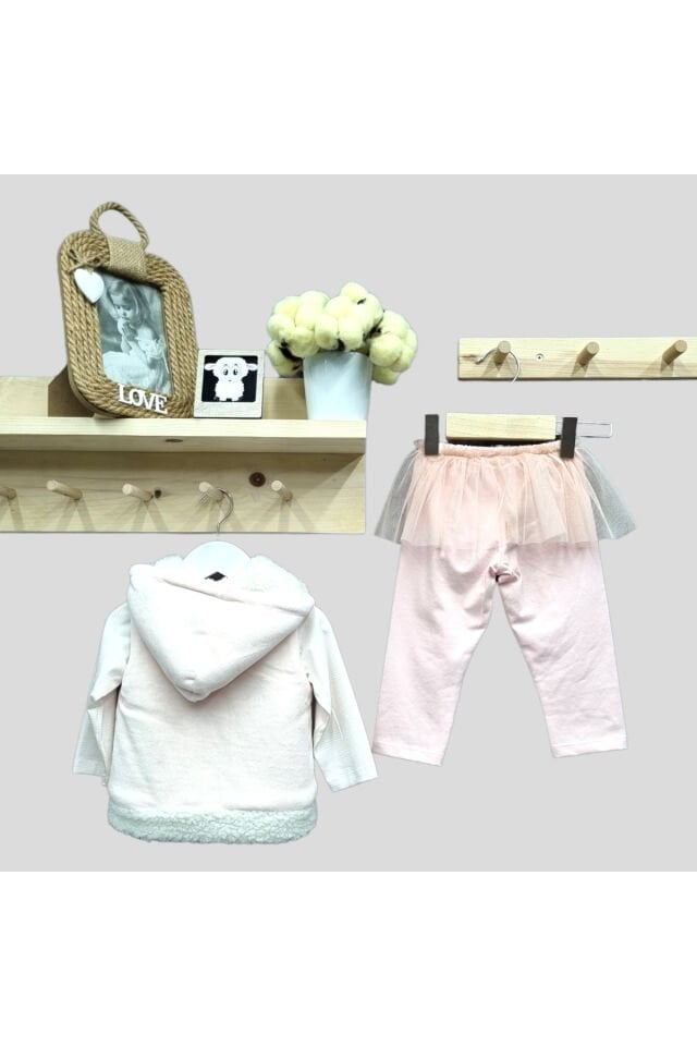 Babyrose Kız Bebek Kuzu Nakışlı Kadife Yelekli Takım Pudra - 6 Ay