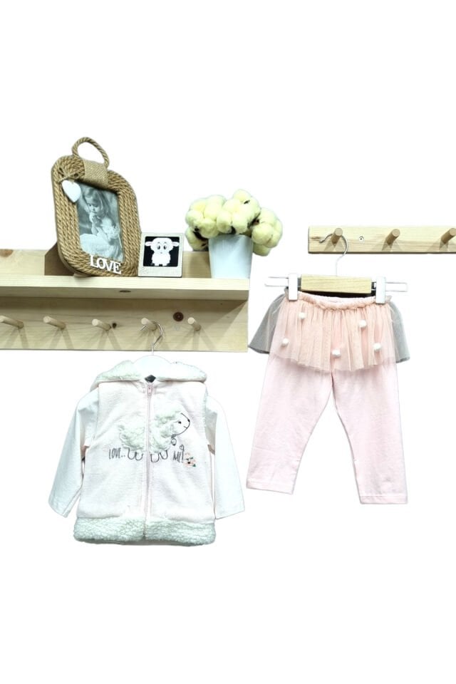 Babyrose Kız Bebek Kuzu Nakışlı Kadife Yelekli Takım Pudra - 6 Ay