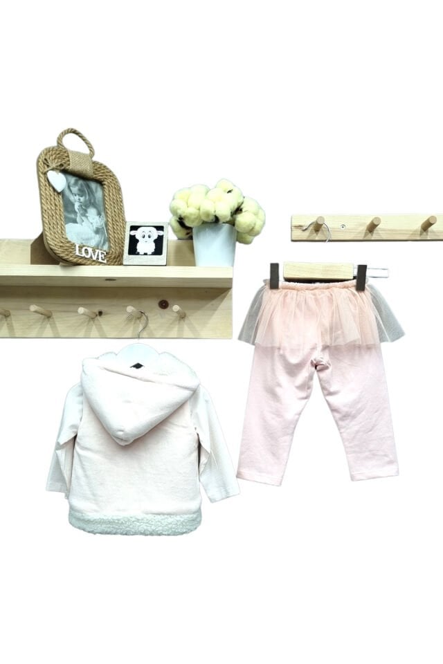 Babyrose Kız Bebek Kuzu Nakışlı Kadife Yelekli Takım Pudra - 6 Ay