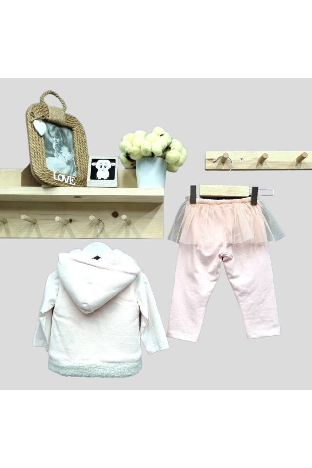 Babyrose Kız Bebek Kuzu Nakışlı Kadife Yelekli Takım Pudra - 18 Ay