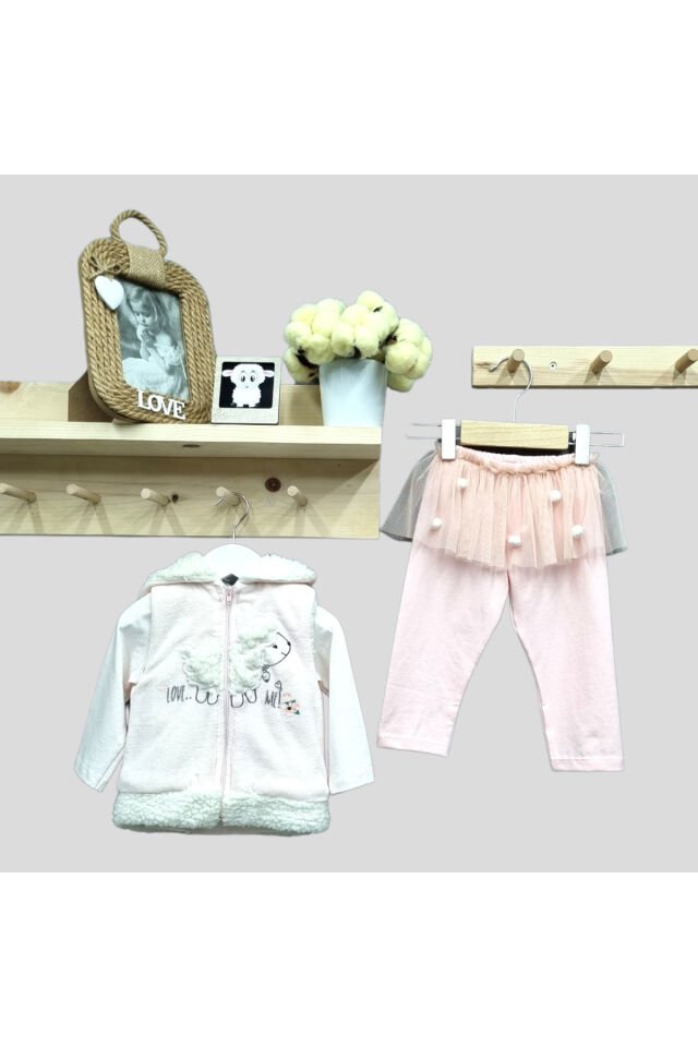 Babyrose Kız Bebek Kuzu Nakışlı Kadife Yelekli Takım Pudra - 18 Ay