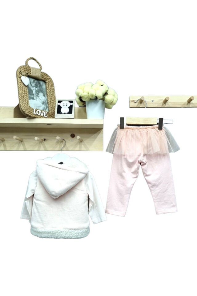 Babyrose Kız Bebek Kuzu Nakışlı Kadife Yelekli Takım Pudra - 9 Ay