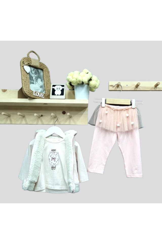 Babyrose Kız Bebek Kuzu Nakışlı Kadife Yelekli Takım Pudra - 12 Ay