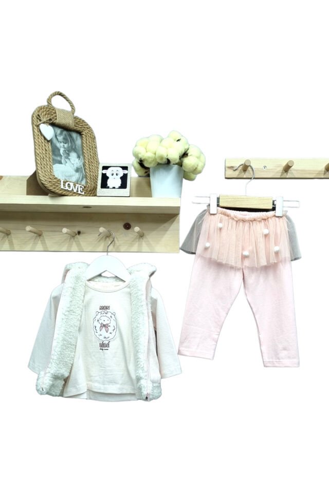 Babyrose Kız Bebek Kuzu Nakışlı Kadife Yelekli Takım Pudra - 12 Ay
