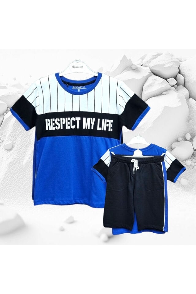 Divonette Respect My Life Erkek Çocuk Şortlu Yazlık Takım Mavi - 9 Yaş
