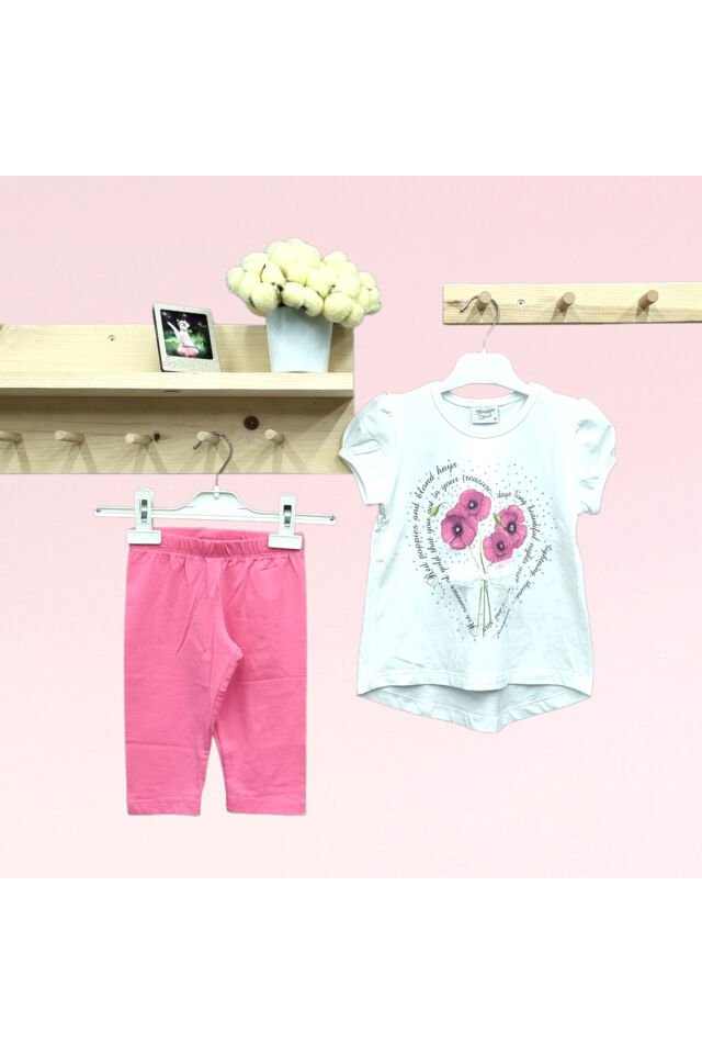 Breeze Kız Bebek Taş Süslemeli Çiçek Baskılı Taytlı Takım Beyaz - 3 Yaş