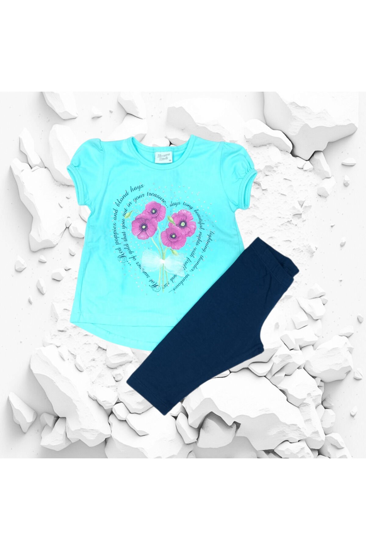 Breeze Kız Bebek Taş Süslemeli Çiçek Baskılı Taytlı Takım Şu Yeşili - 3 Yaş